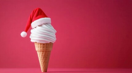 Festive Ice Cream Cone with Santa Hat on Red Background