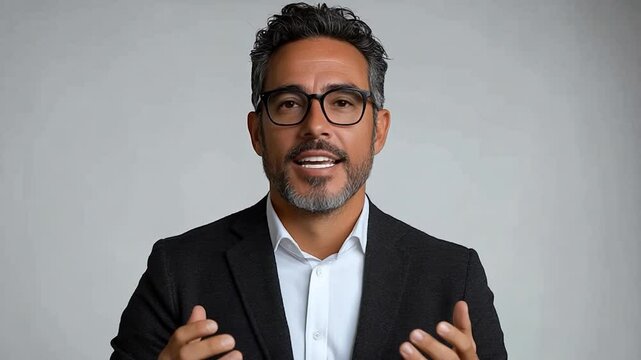 Businessman speaking in neutral studio setting