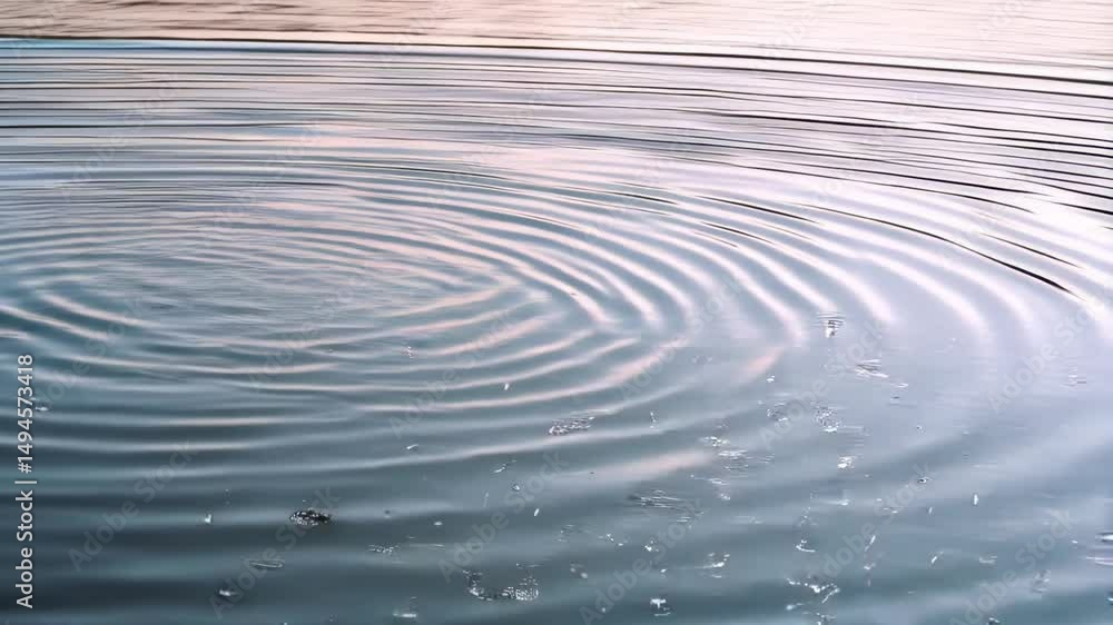 Poster calm water surface creating circular ripple pattern with reflected light and small bubbles along the