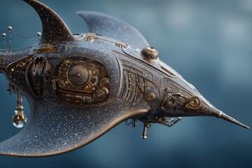 Fototapeta premium Intricate Steampunk Stingray Aircraft with Metal Gears and Glistening Texture, Floating in a Dreamy Blue Atmosphere