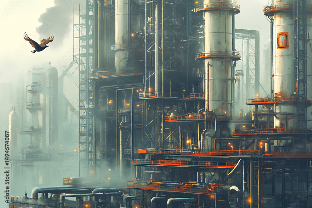 Aufkleber a futuristic industrial refinery navigating through a field of automated pipeline