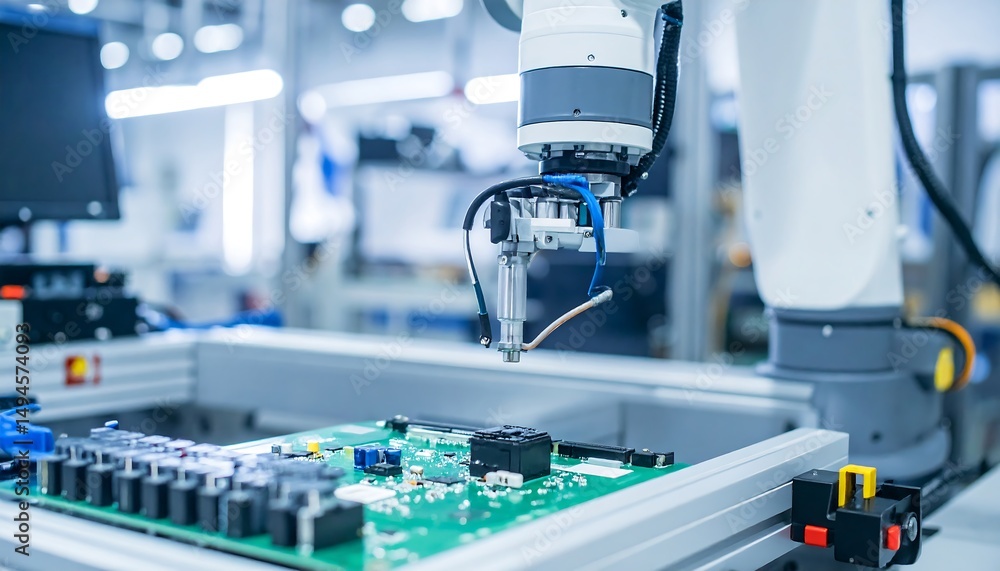 Aufkleber robot arm assembling circuit board.