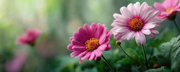 Obraz premium Blooming flowers in meadow inside vibrant tropical paradise concept. Delicate pink flowers blooming in a vibrant green garden.