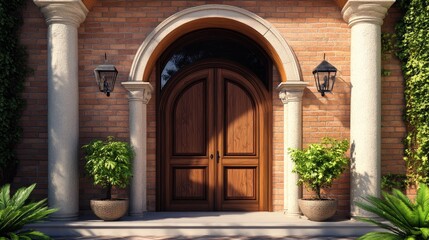Simple arch-shaped doors with basic line designs. Retro style with columns and brick details. Nice bohemian doorways for an old-fashioned room.
