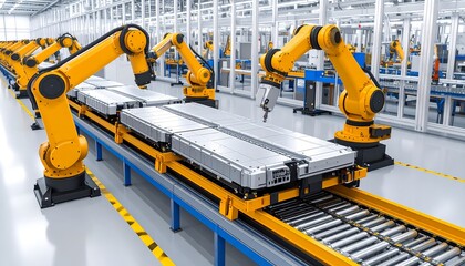 Robot arms assembling battery packs on factory line.