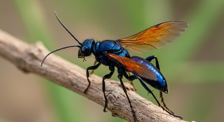 Fototapeta premium Close-up of a Jewel Wasp on a Branch