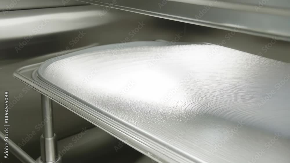 Poster close-up view of shiny, smooth metal surface with patterned textures and reflective light creating a