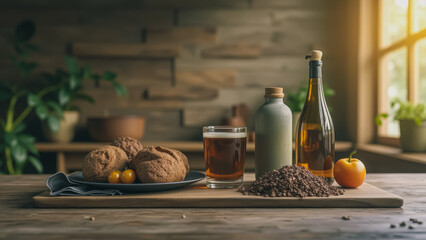 Fototapeta premium Rustic kitchen scene with artisan bread, drinks, and fresh ingredients arrangement