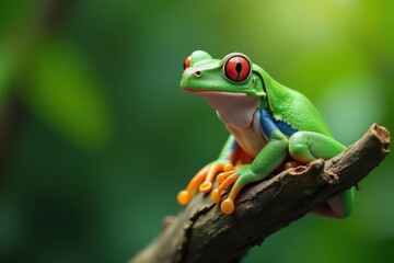 Naklejka premium Green tree frog perched on white, vibrant colors , isolated, macro