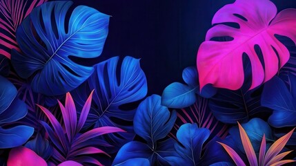 Vibrant Tropical Leaves in Neon Blue and Pink Hues