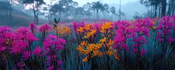 Blooming flowers in meadow under dreamlike glowing sky concept. Vibrant flowers bloom in a brilliant landscape at dawn.
