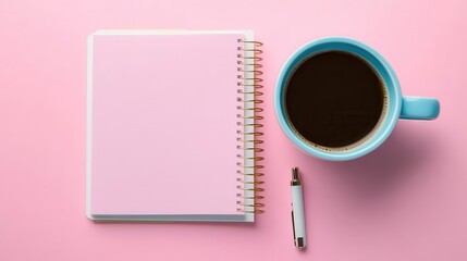 Pink Notebook Coffee Cup and Pen on Pink Background