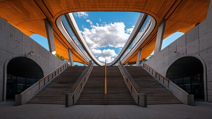 A modern architectural marvel featu grand staircases leading to a building with a uniquely shaped opening revealing a bright blue sky with fluffy white clouds.