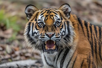 Obraz premium Close up portrait of a tiger showing its teeth with a blurred background in its natural habitat