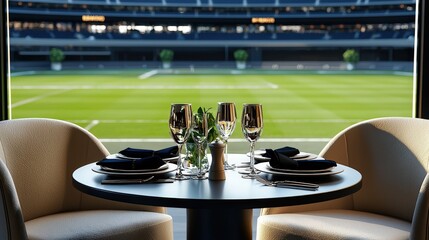 A beautifully set table with wine glasses and plates awaits guests in a luxury suite overlooking the vibrant green sports field of a grand stadium arena venue.