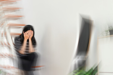 Young Female Suffering From Dizziness, Vertigo And Headache While Sitting
