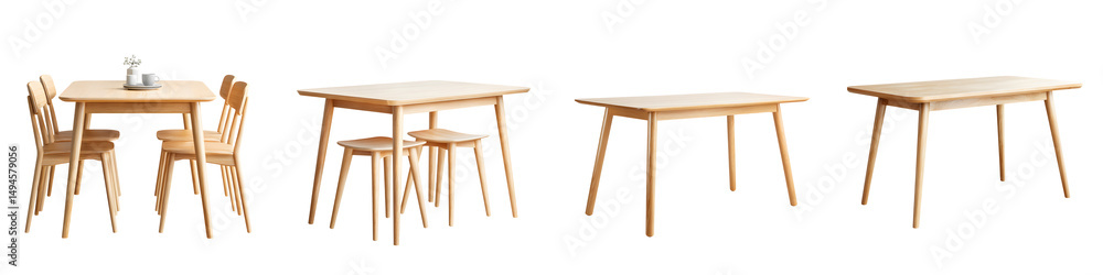 Aufkleber showcasing a set of minimalist wood based tables and chairs that can be used to create a modern comf
