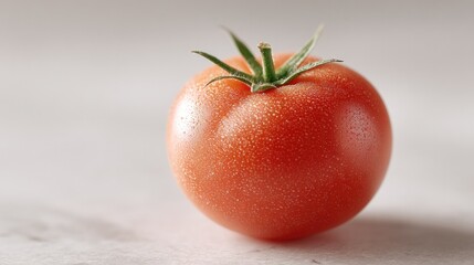 single vibrant ripe tomato rests on clean minimalist white surface evoking natural simplicity