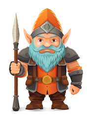 cartoon fantasy dwarf character with a bright blue beard and armor wearing an orange hat he stands firmly with a determined expression the design is a colorful vector illustration emphasizing fantasy 