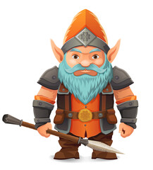 cartoon fantasy dwarf character with a bright blue beard and armor wearing an orange hat he stands firmly with a determined expression the design is a colorful vector illustration emphasizing fantasy 