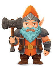 cartoon fantasy dwarf character with a bright blue beard and armor wearing an orange hat he stands firmly with a determined expression the design is a colorful vector illustration emphasizing fantasy 