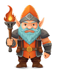 cartoon fantasy dwarf character with a bright blue beard and armor wearing an orange hat he stands firmly with a determined expression the design is a colorful vector illustration emphasizing fantasy 