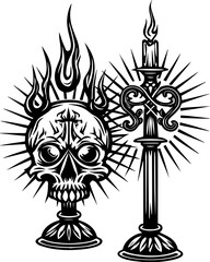 SVG skull tattoo featuring cyber mechanic elements in detailed vector style. Decorative Skull and Candle Stand Illustration with Flames and Rays