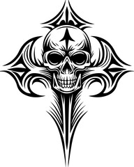 Fototapeta premium SVG skull tattoo featuring cyber mechanic elements in detailed vector style. Intricate Skull Design with Cross and Decorative Elements