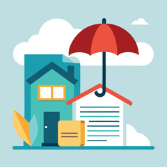 House property insurance, house and insurance document under umbrella vector illustration.