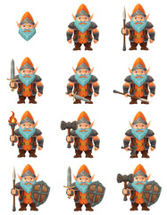 cartoon fantasy dwarf character with a bright blue beard and armor wearing an orange hat he stands firmly with a determined expression the design is a colorful vector illustration emphasizing fantasy 