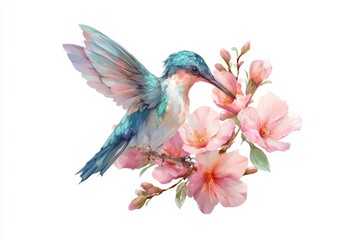 Vibrant Hummingbird Feeding on Delicate Pink Blossoms in a Serene Natural Setting