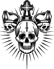 SVG skull tattoo featuring cyber mechanic elements in detailed vector style. Detailed Illustration of Skull with Crown and Cross Symbol Design