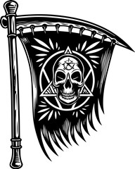 SVG skull tattoo featuring cyber mechanic elements in detailed vector style. Skull Flag with Scythe and Mystical Symbols in Black and White
