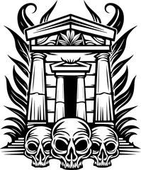 SVG skull tattoo featuring cyber mechanic elements in detailed vector style. Intricate Black and White Illustration of Skulls and Monument