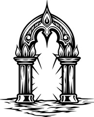 SVG skull tattoo featuring cyber mechanic elements in detailed vector style. Ornate Gothic Arch Design Surrounded by Waves and Light Effects