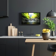 Stream winding through rocky forest displayed in modern black kitchen above sink with wood cutting boards and lemons near a table, creates calm focal point.