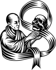 SVG skull tattoo featuring cyber mechanic elements in detailed vector style. Monk Contemplating Skull with Abstract Ribbon Design in Black and White