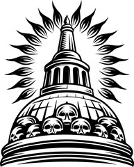 SVG skull tattoo featuring cyber mechanic elements in detailed vector style. Artistic depiction of a dome adorned with skulls and rays