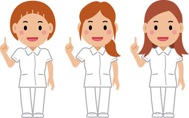 ナンバーワンポーズをする白制服の女性看護師。その2