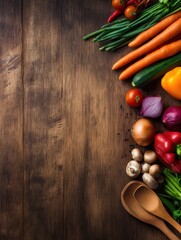 Fresh vegetables arranged on a wooden table, showcasing vibrant colors for culinary use