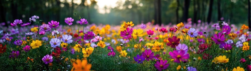 Fototapeta premium Blooming flowers in meadow inside vibrant tropical paradise concept. Vibrant wildflowers bloom in a serene forest setting at sunset.