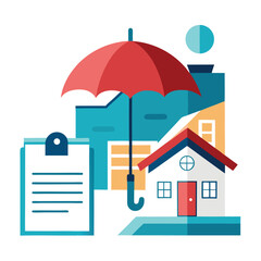 House property insurance, house and insurance document under umbrella vector illustration.