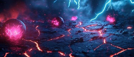 Fototapeta premium Dramatic volcanic landscape with glowing lava and lightning