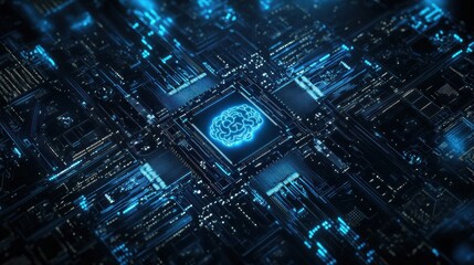 Abstract digital brain within circuit board. Glowing blue technology concept.  Artificial intelligence