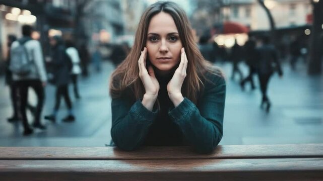 Reflecting on Solitude: A serene woman, her features etched with introspection, finds quietude amidst the bustling energy of an urban thoroughfare.