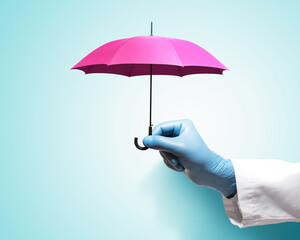 A hand in a medical gown and gloves holds a pink umbrella on a blue background. Bright template.