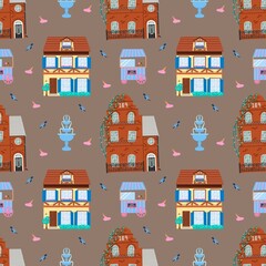 Seamless pattern with whimsical houses, fountains, birds, and ice cream carts in a cozy town style. Perfect for kids, fabrics, and playful designs.

