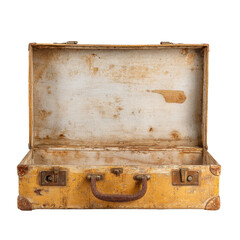 An aged yellow suitcase, weathered and open, reveals its worn interior, hints of travel stories etched in its stained fabric and tarnished metal clasps securely placed.