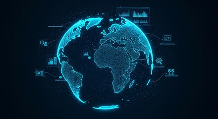Glowing Digital Globe: Global Data Visualization with Futuristic Style