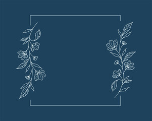 Floral and square hand drawn style. Floral navy frame of twigs, leaves and flowers. Frames for the Valentine's day, wedding decor, logo and identity template.